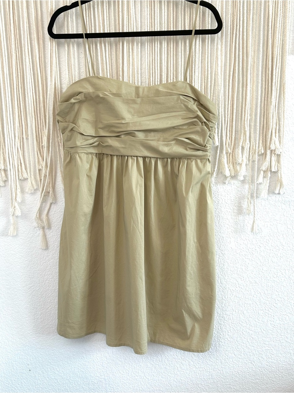 Express Rouched Bodice Mini Dress Beige Spaghetti Strap Cotton Blend Size L - Picture 3 of 13